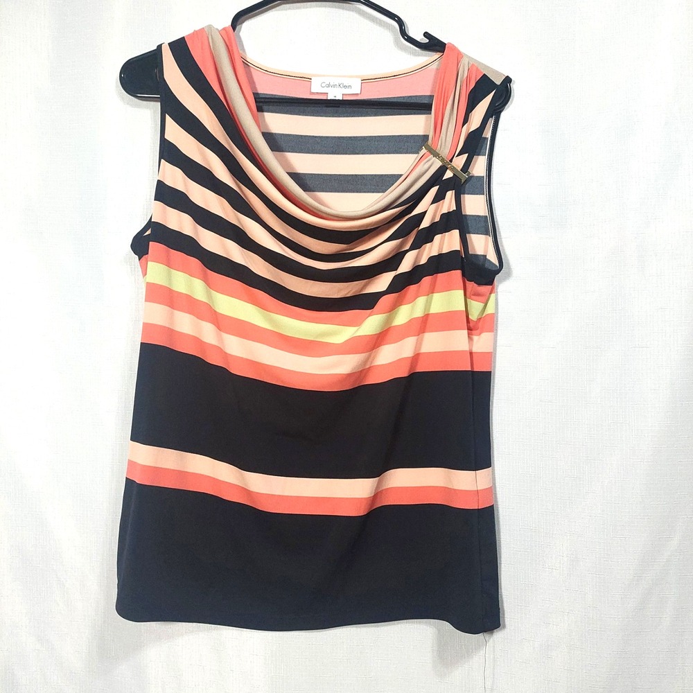 Calvin Klein Womens Medium Cowl Neck Popover Blouseโ Sleeveless Stretch Striped